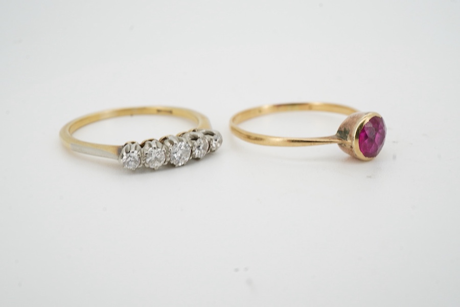 A synthetic ruby ring, mounted in gold, size R1/2; and a diamond five-stone ring totalling approximately 0.30 carats, size Q1/2, stamped 18CT